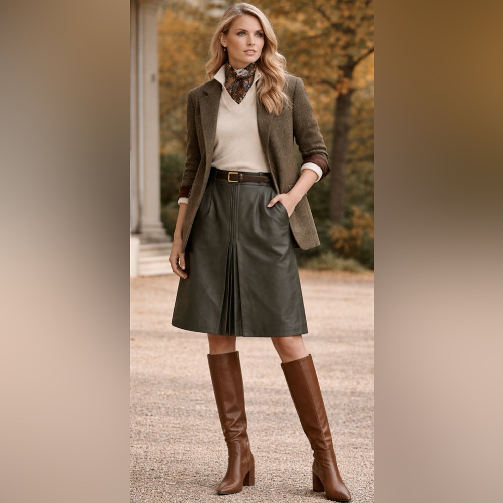Lamb Leather Black Skirt 12 Pleat Lined Knee Length Pockets Classiques Entier